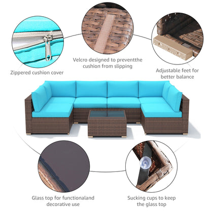 Ensemble de canapés d'angle d'extérieur 7 pièces en osier et acier avec coussins
