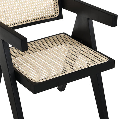 Chaise de salle à manger Jeanne en bois de hêtre massif et rotin noir