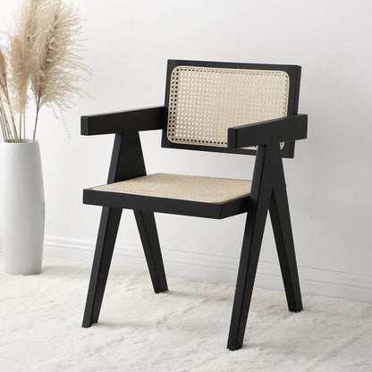 Chaise de salle à manger Jeanne en bois de hêtre massif et rotin noir