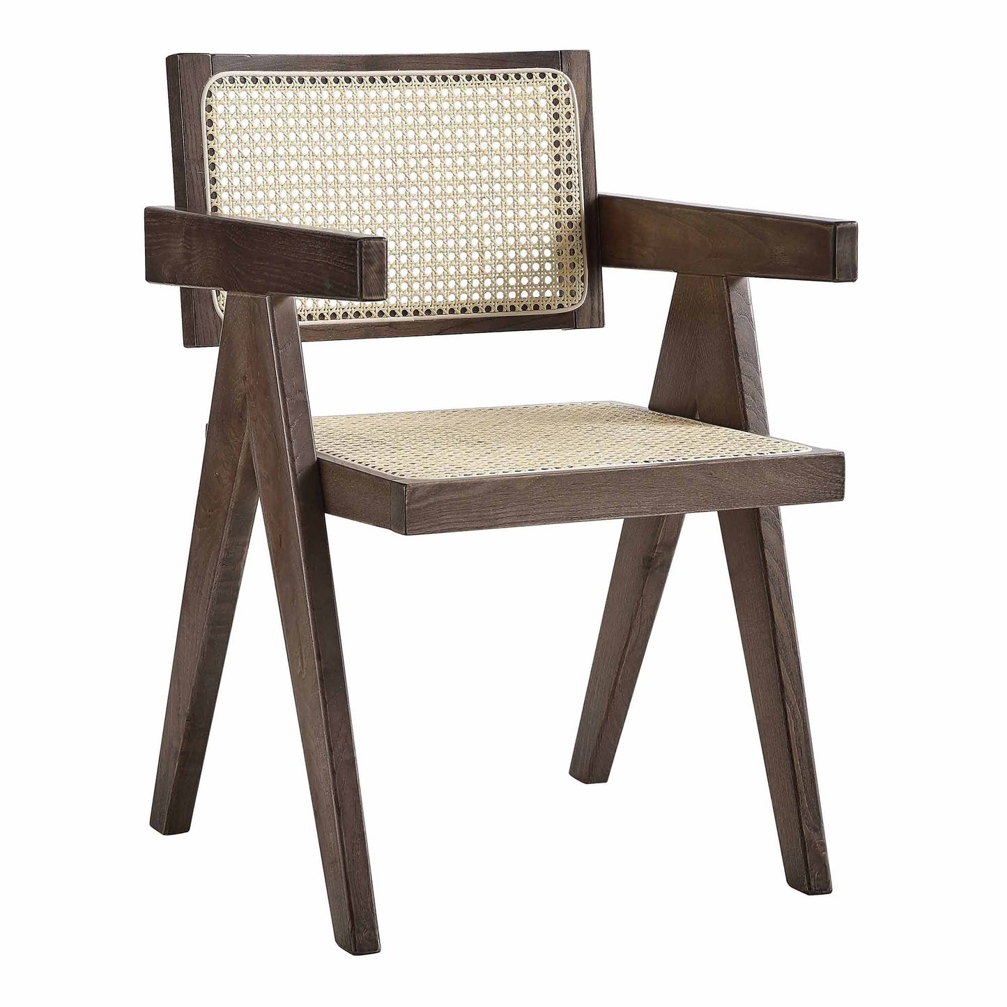 Chaise de salle à manger Jeanne en noyer foncé, rotin et hêtre massif