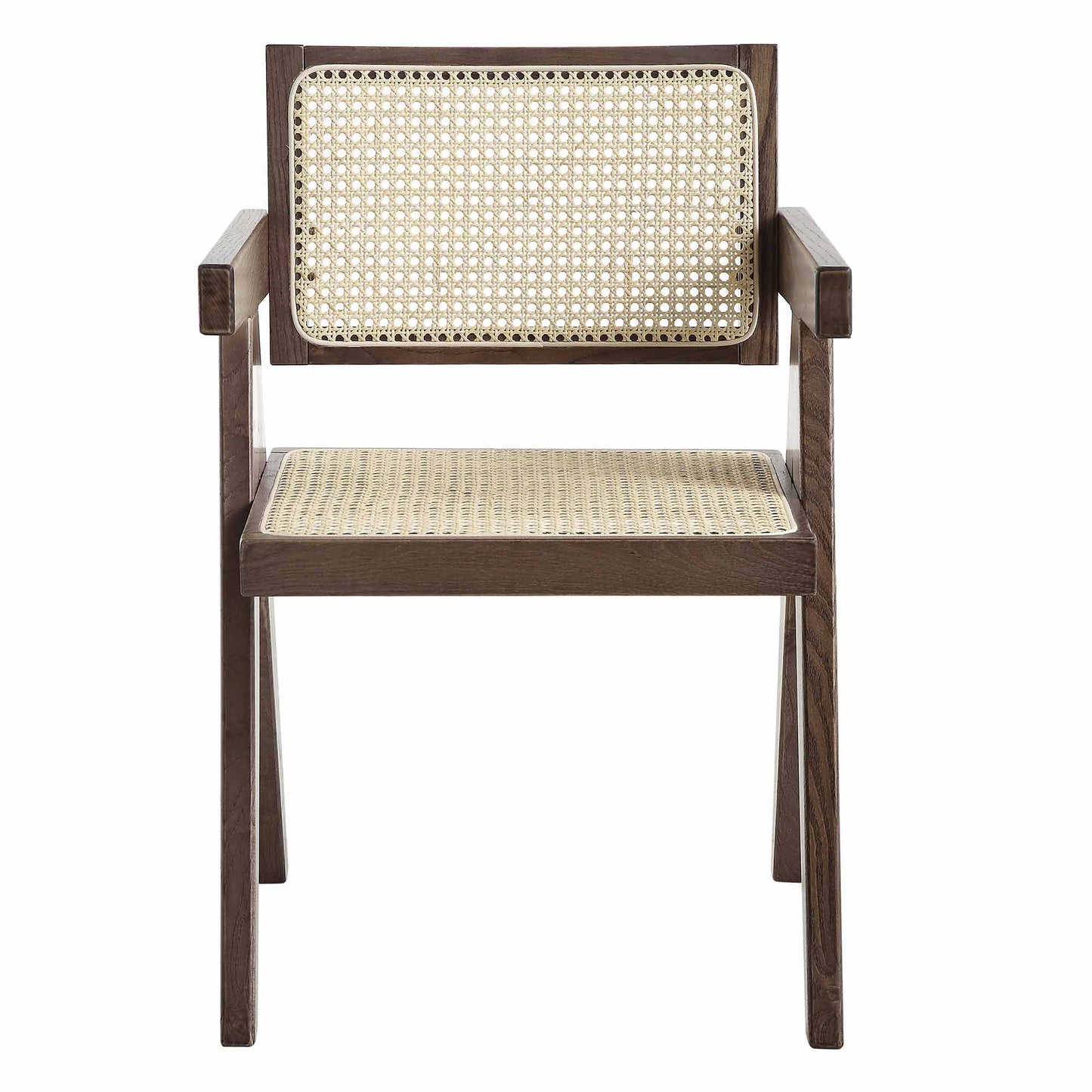 Chaise de salle à manger Jeanne en noyer foncé, rotin et hêtre massif
