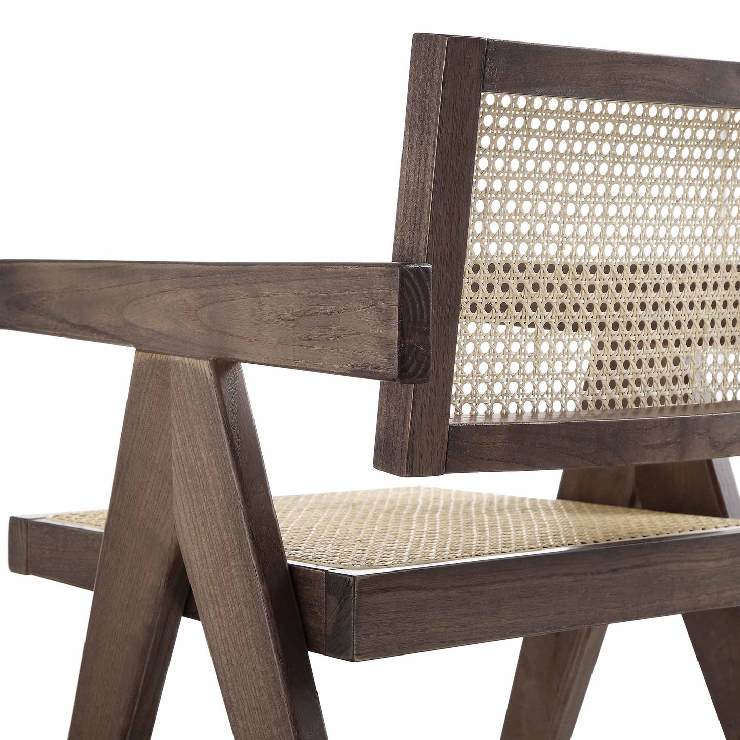 Chaise de salle à manger Jeanne en noyer foncé, rotin et hêtre massif