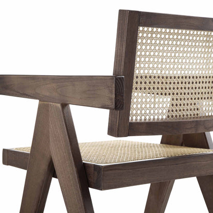 Chaise de salle à manger Jeanne en noyer foncé, rotin et hêtre massif