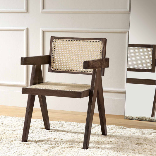 Chaise de salle à manger Jeanne en noyer foncé, rotin et hêtre massif