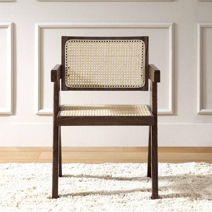Chaise de salle à manger Jeanne en noyer foncé, rotin et hêtre massif