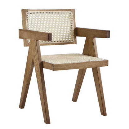 Chaise de salle à manger Jeanne en noyer clair, rotin et hêtre massif