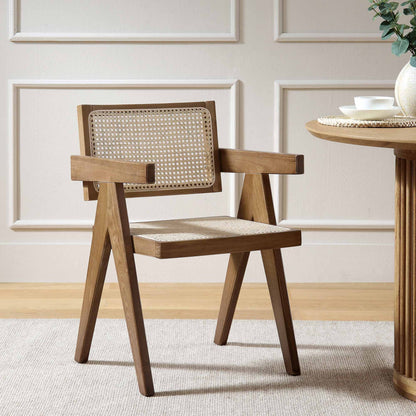 Chaise de salle à manger Jeanne en noyer clair, rotin et hêtre massif