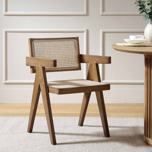 Chaise de salle à manger Jeanne en noyer clair, rotin et hêtre massif
