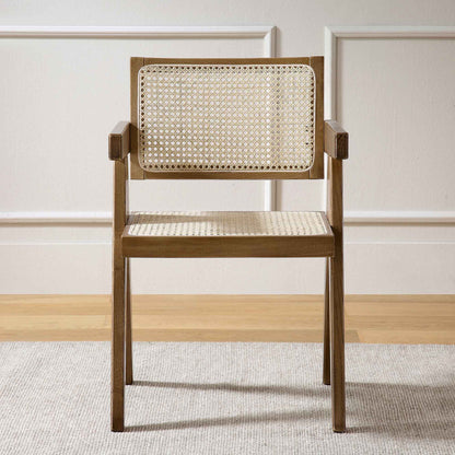 Chaise de salle à manger Jeanne en noyer clair, rotin et hêtre massif