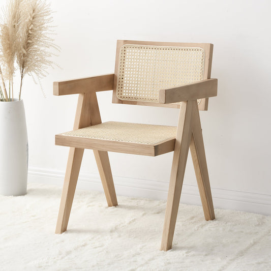 Chaise de salle à manger Jeanne en bois de hêtre massif et rotin couleur naturelle