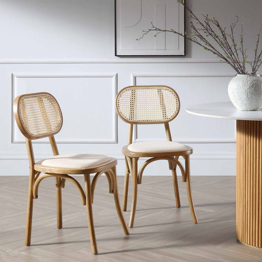 Ensemble de 2 chaises de salle à manger Anya en rotin et tissu, noyer clair