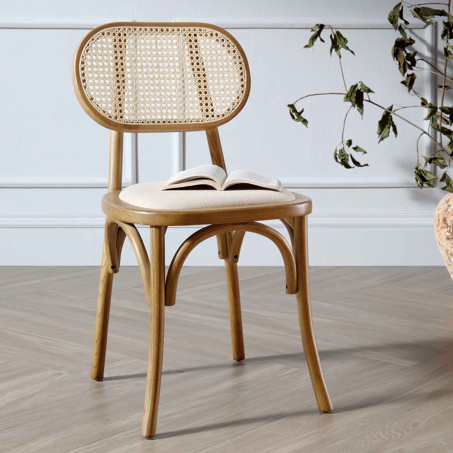 Ensemble de 2 chaises de salle à manger Anya en rotin et tissu, noyer clair