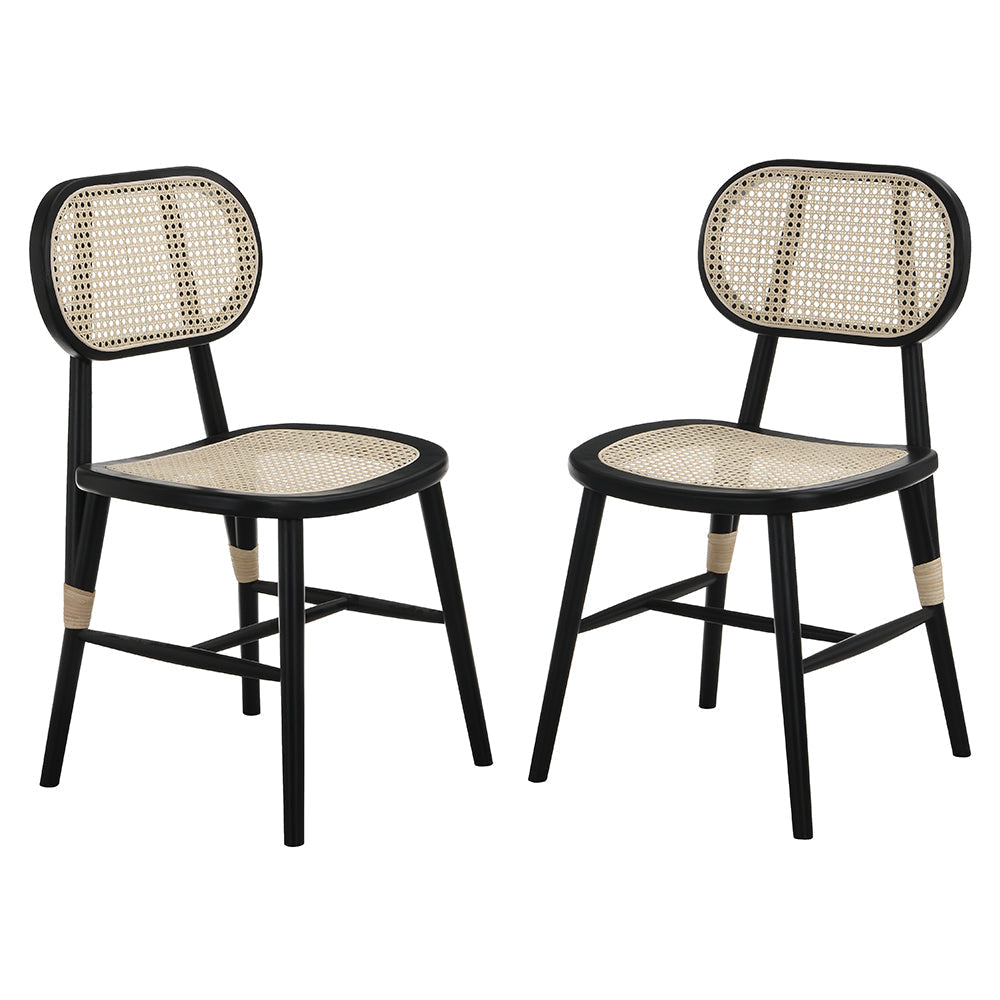 Anya+ Lot de 2 chaises de salle à manger rembourrées en rotin et canne, noir