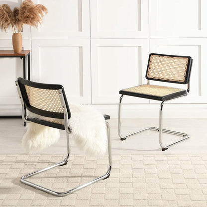 Paire de 2 chaises de salle à manger Cosenza, rotin et chrome (noir)