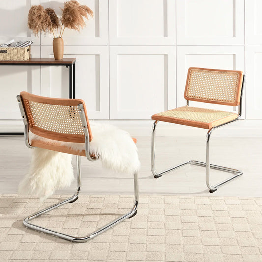 Paire de 2 chaises de salle à manger Cosenza, rotin et chrome (naturel)