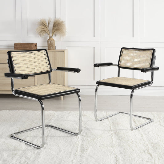 Paire de chaises de salle à manger Rayna en hêtre massif avec accoudoirs, rotin naturel et chrome (noir)