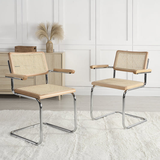 Paire de chaises de salle à manger Rayna en hêtre massif avec accoudoirs, rotin naturel et chrome (naturel)