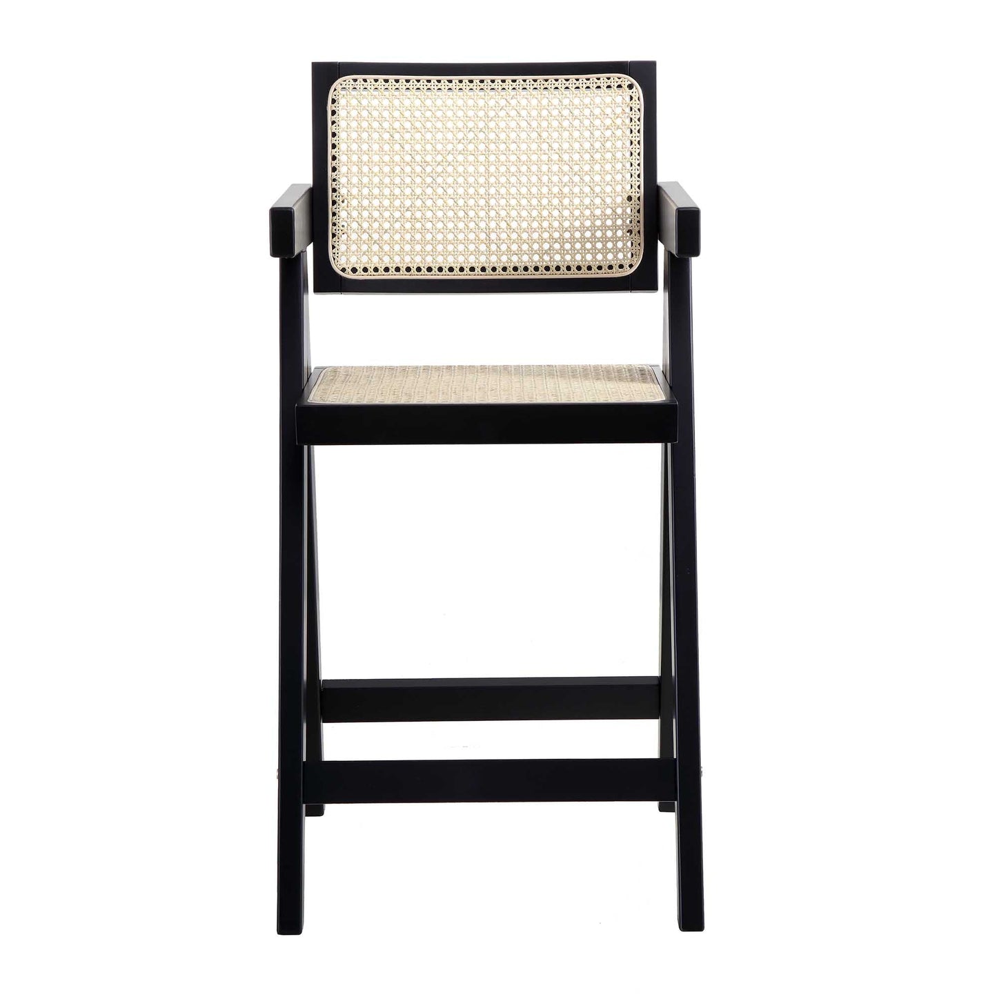 Tabouret de bar Jeanne en rotin noir et hêtre massif