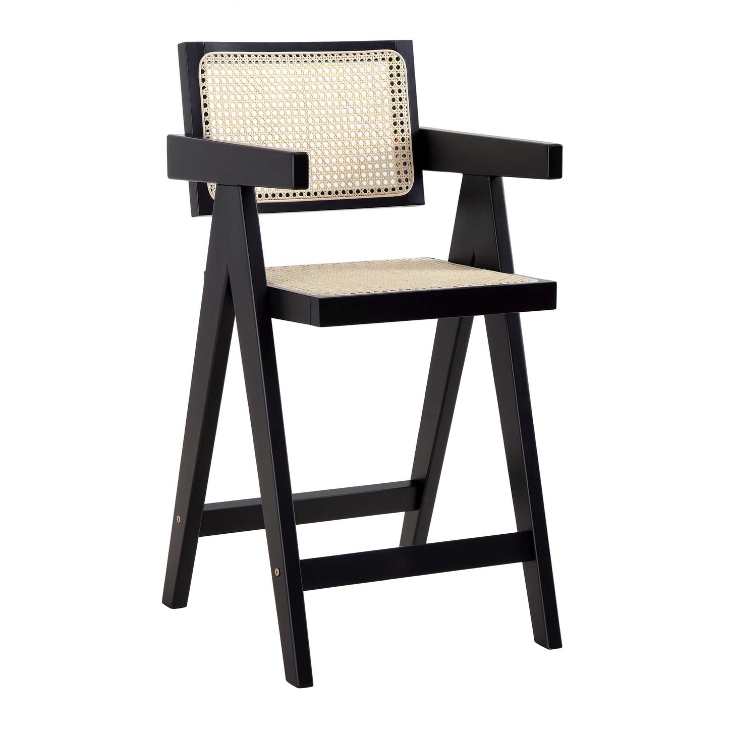Tabouret de bar Jeanne en rotin noir et hêtre massif