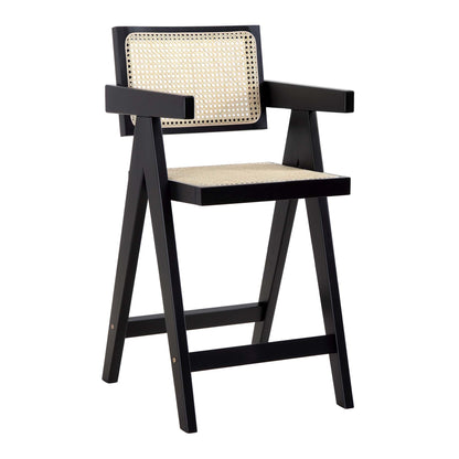 Tabouret de bar Jeanne en rotin noir et hêtre massif