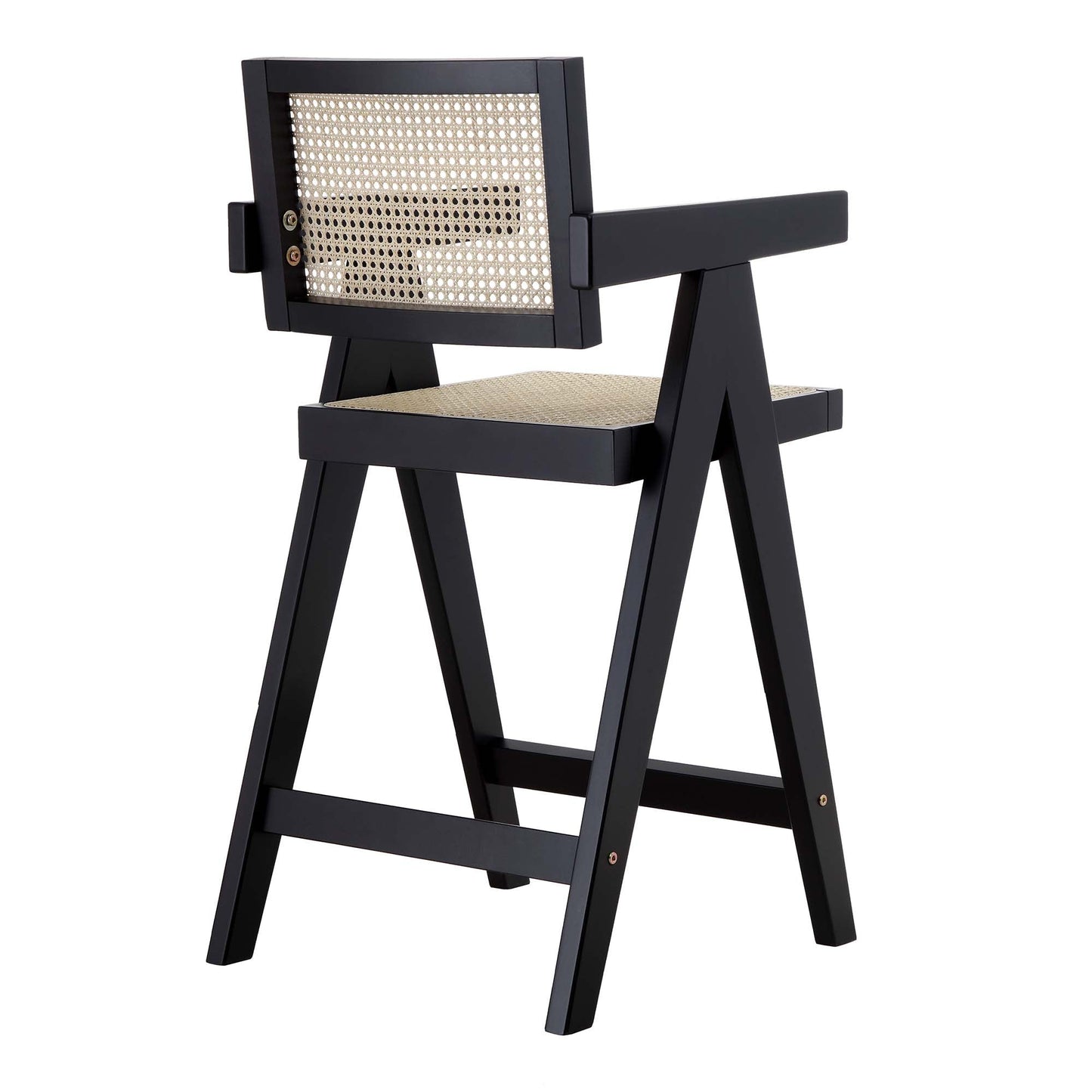 Tabouret de bar Jeanne en rotin noir et hêtre massif