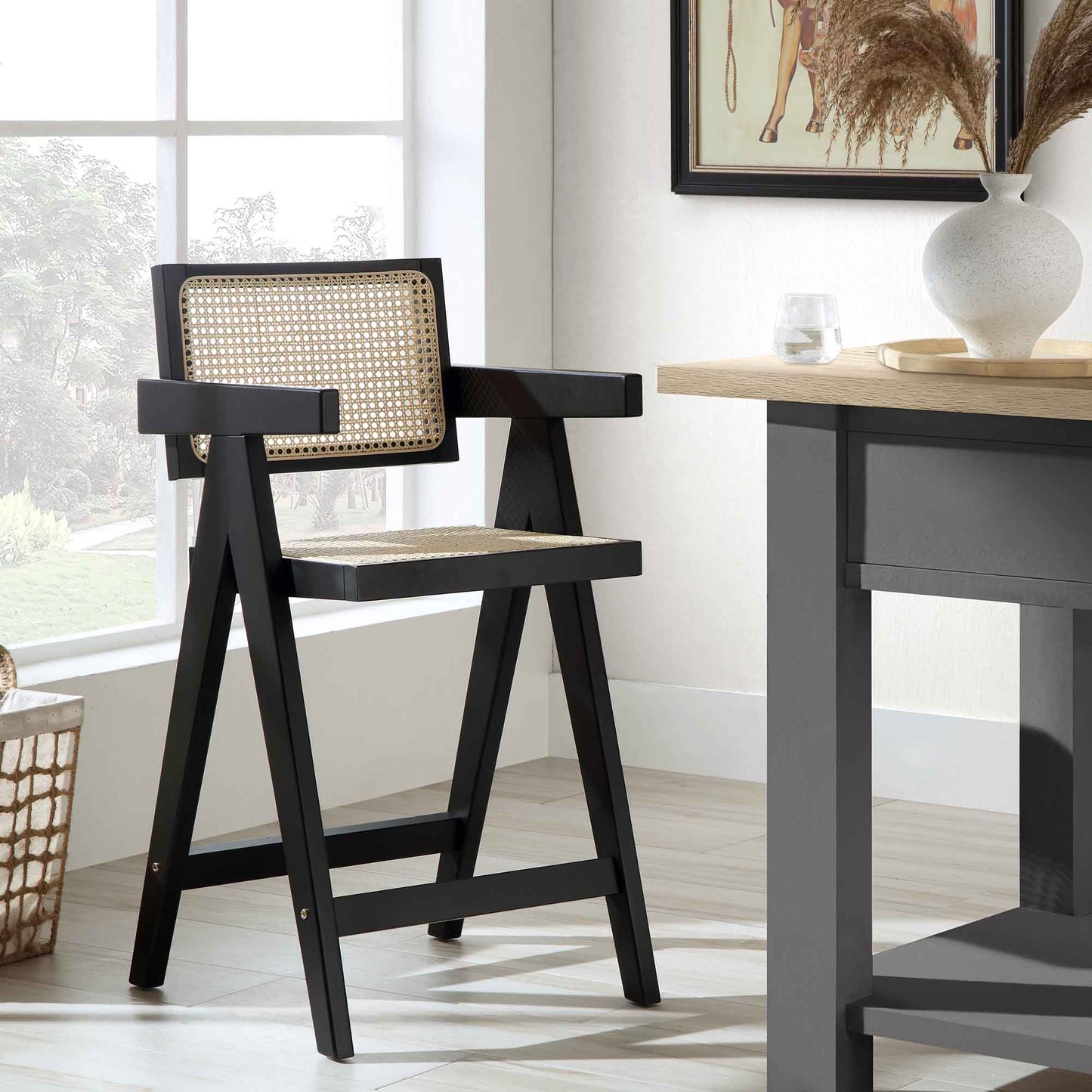 Tabouret de bar Jeanne en rotin noir et hêtre massif