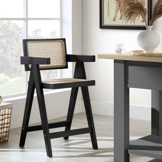 Tabouret de bar Jeanne en rotin noir et hêtre massif