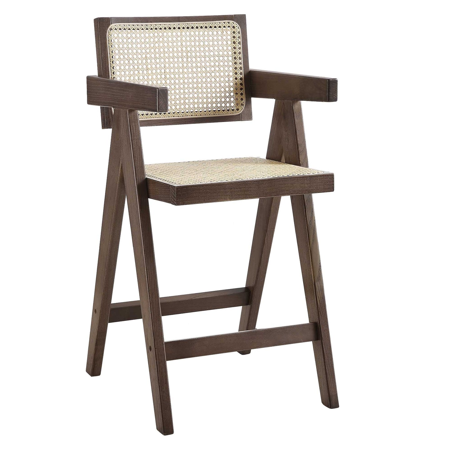 Tabouret de bar Jeanne en noyer foncé, rotin et hêtre massif