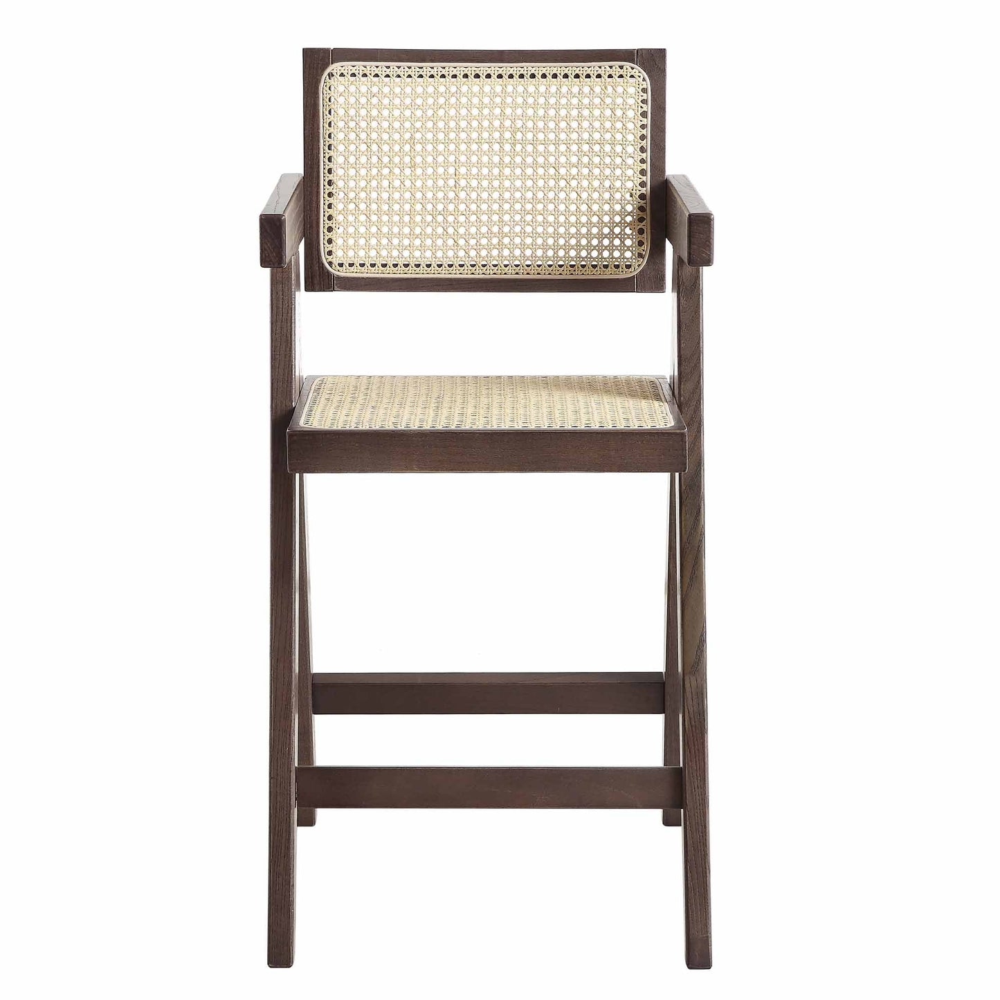 Tabouret de bar Jeanne en noyer foncé, rotin et hêtre massif