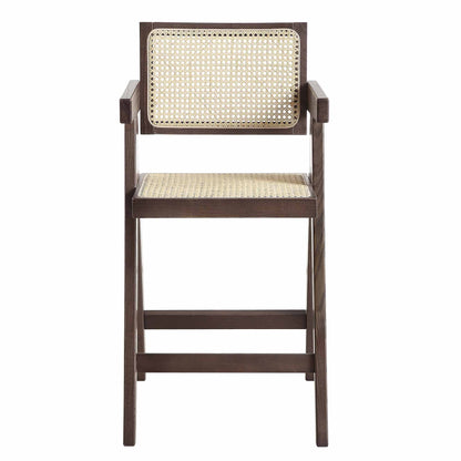 Tabouret de bar Jeanne en noyer foncé, rotin et hêtre massif