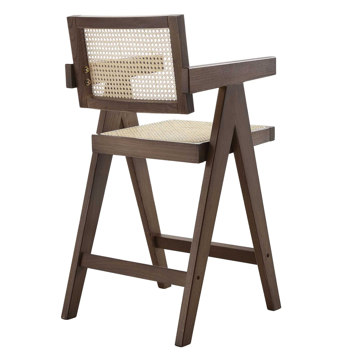 Tabouret de bar Jeanne en noyer foncé, rotin et hêtre massif