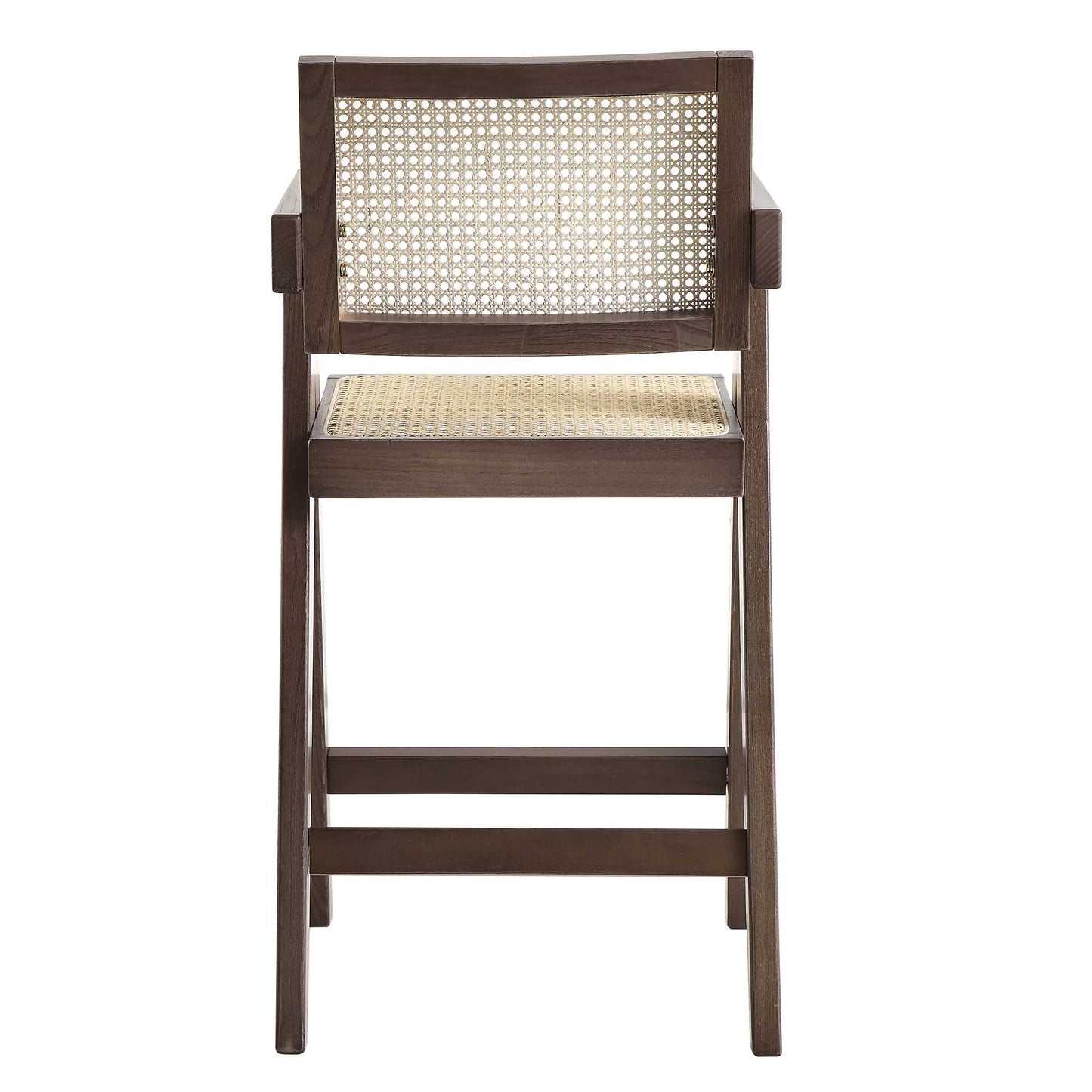Tabouret de bar Jeanne en noyer foncé, rotin et hêtre massif