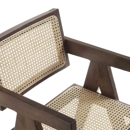 Tabouret de bar Jeanne en noyer foncé, rotin et hêtre massif