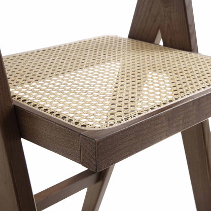 Tabouret de bar Jeanne en noyer foncé, rotin et hêtre massif