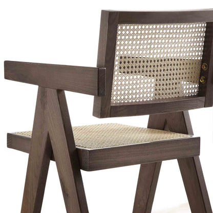 Tabouret de bar Jeanne en noyer foncé, rotin et hêtre massif