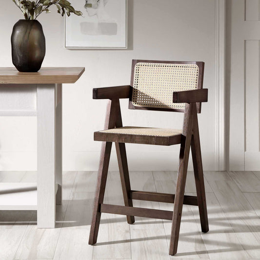 Tabouret de bar Jeanne en noyer foncé, rotin et hêtre massif