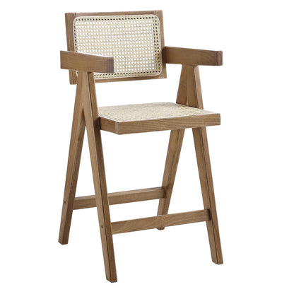 Tabouret de bar Jeanne en noyer clair, rotin et hêtre massif