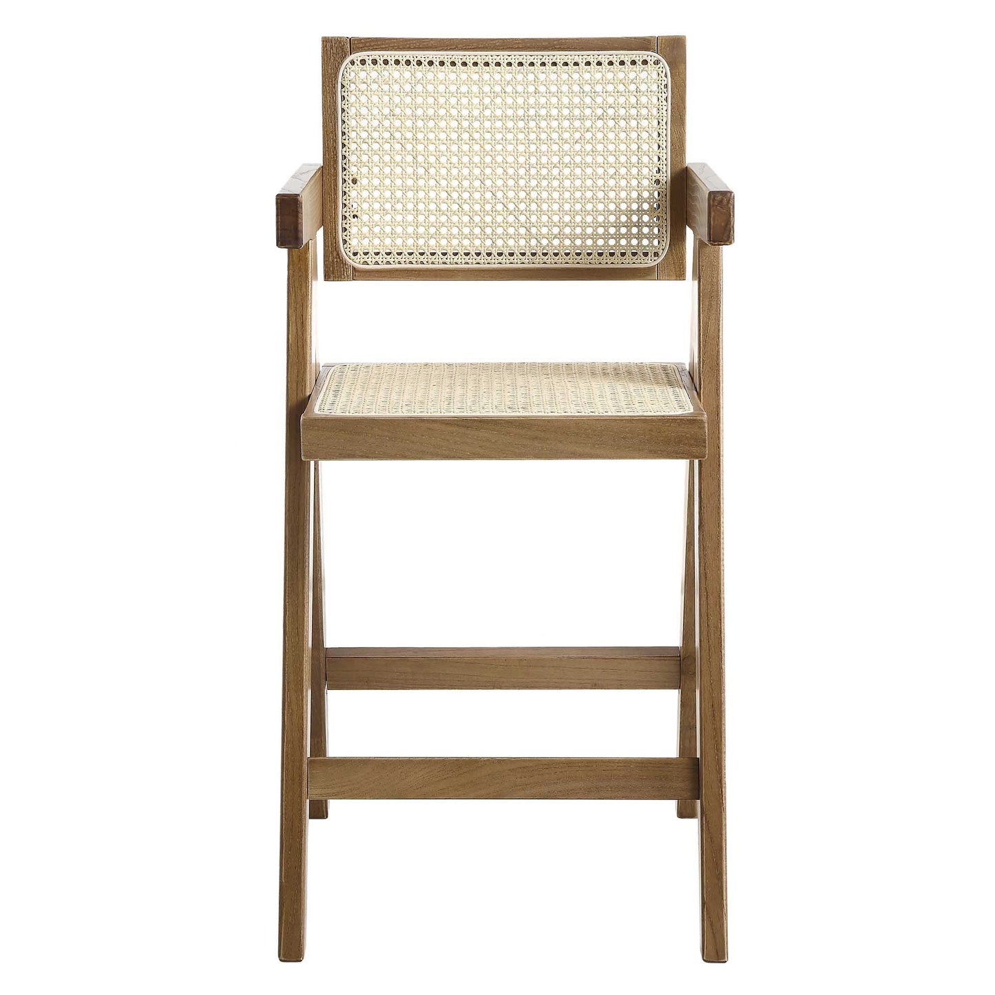 Tabouret de bar Jeanne en noyer clair, rotin et hêtre massif