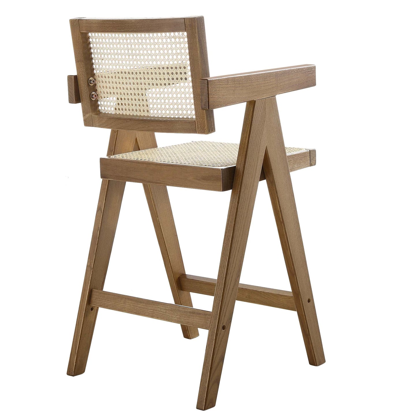 Tabouret de bar Jeanne en noyer clair, rotin et hêtre massif