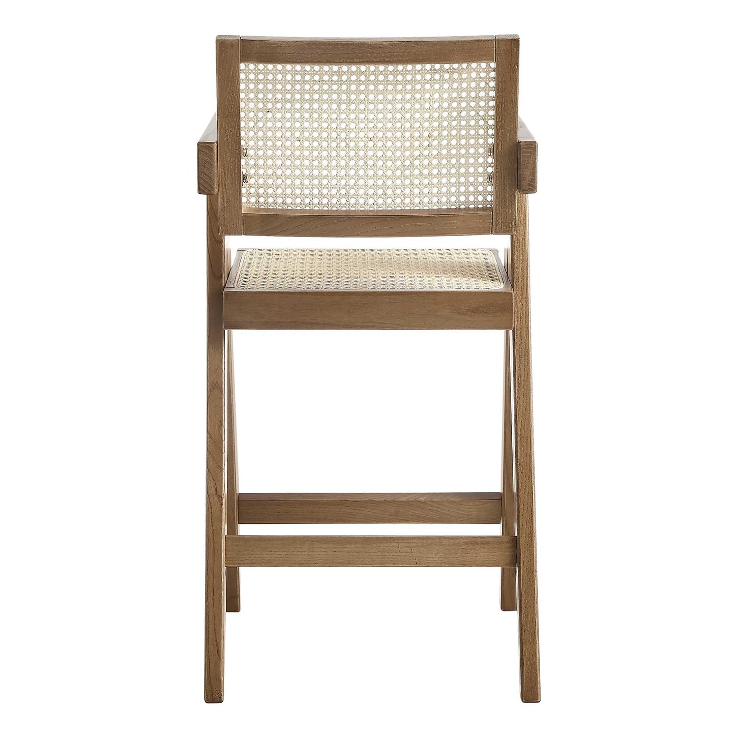 Tabouret de bar Jeanne en noyer clair, rotin et hêtre massif