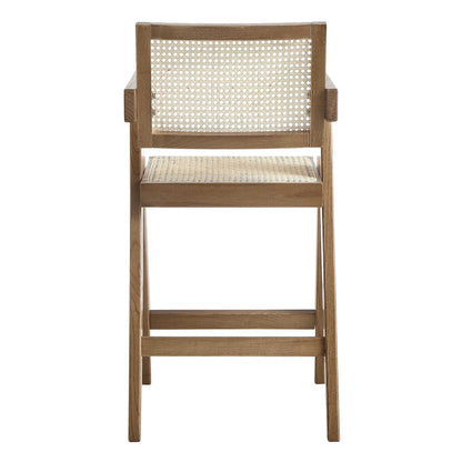 Tabouret de bar Jeanne en noyer clair, rotin et hêtre massif
