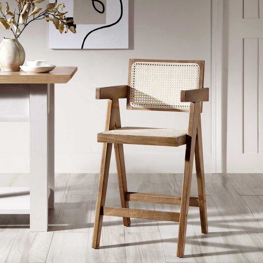 Tabouret de bar Jeanne en noyer clair, rotin et hêtre massif