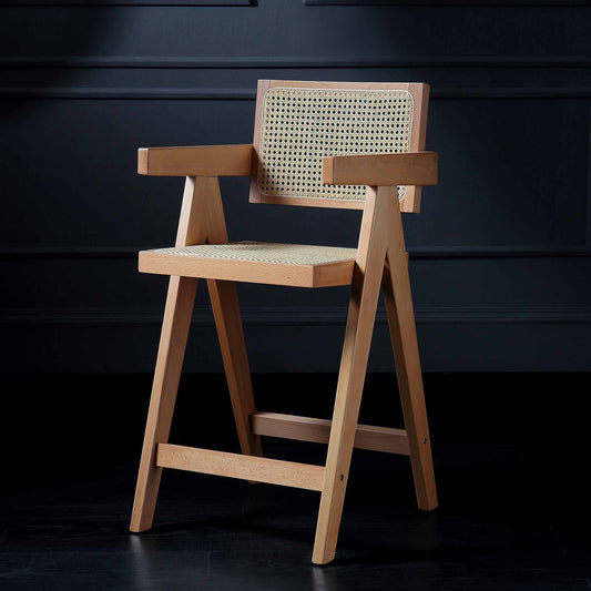 Tabouret de bar Jeanne en rotin naturel et hêtre massif