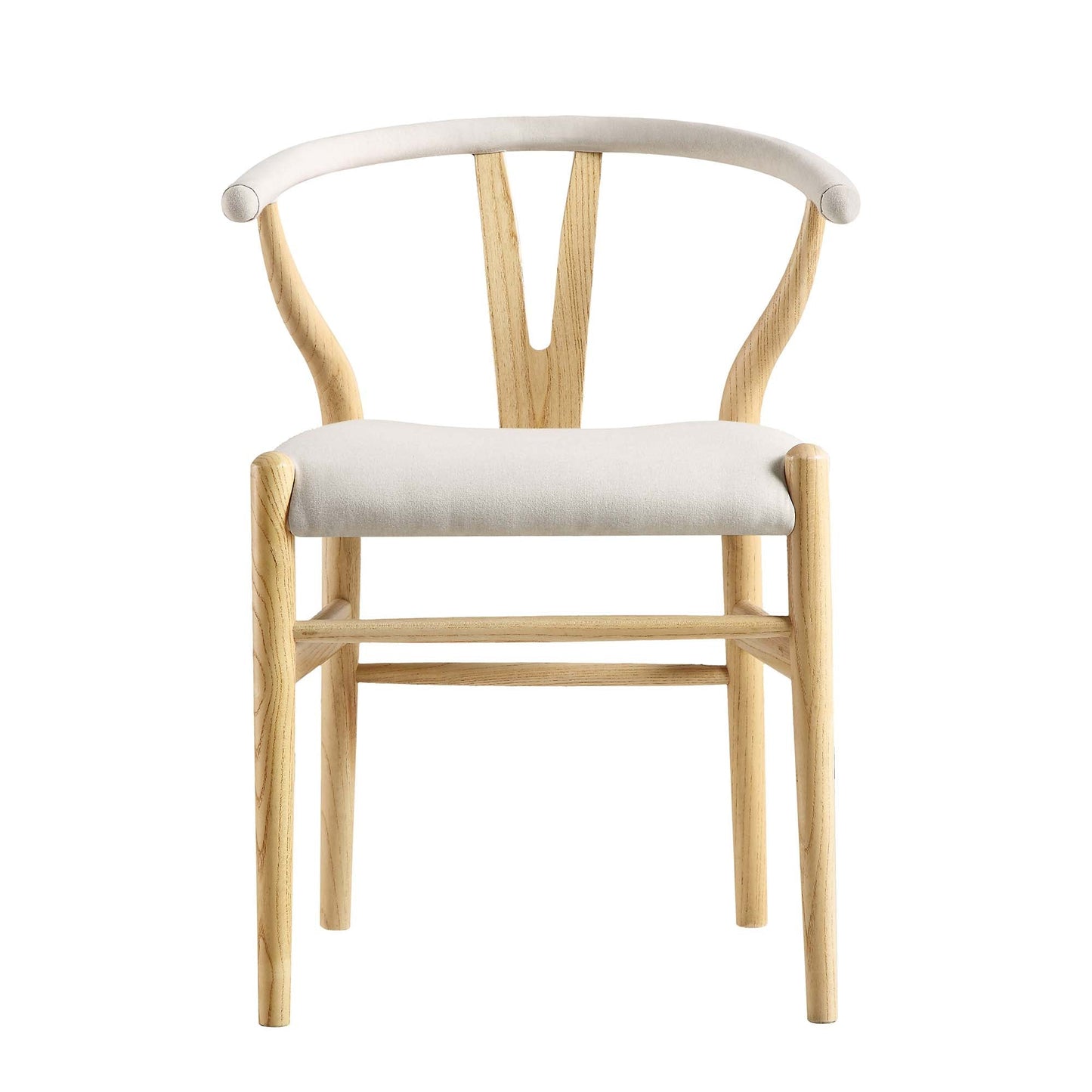 Chaise de salle à manger rembourrée Hansel Wishbone, tissu beige et cadre naturel