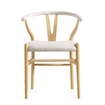 Chaise de salle à manger rembourrée Hansel Wishbone, tissu beige et cadre naturel