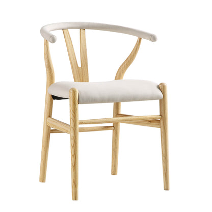 Chaise de salle à manger rembourrée Hansel Wishbone, tissu beige et cadre naturel