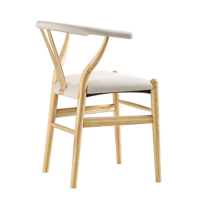 Chaise de salle à manger rembourrée Hansel Wishbone, tissu beige et cadre naturel