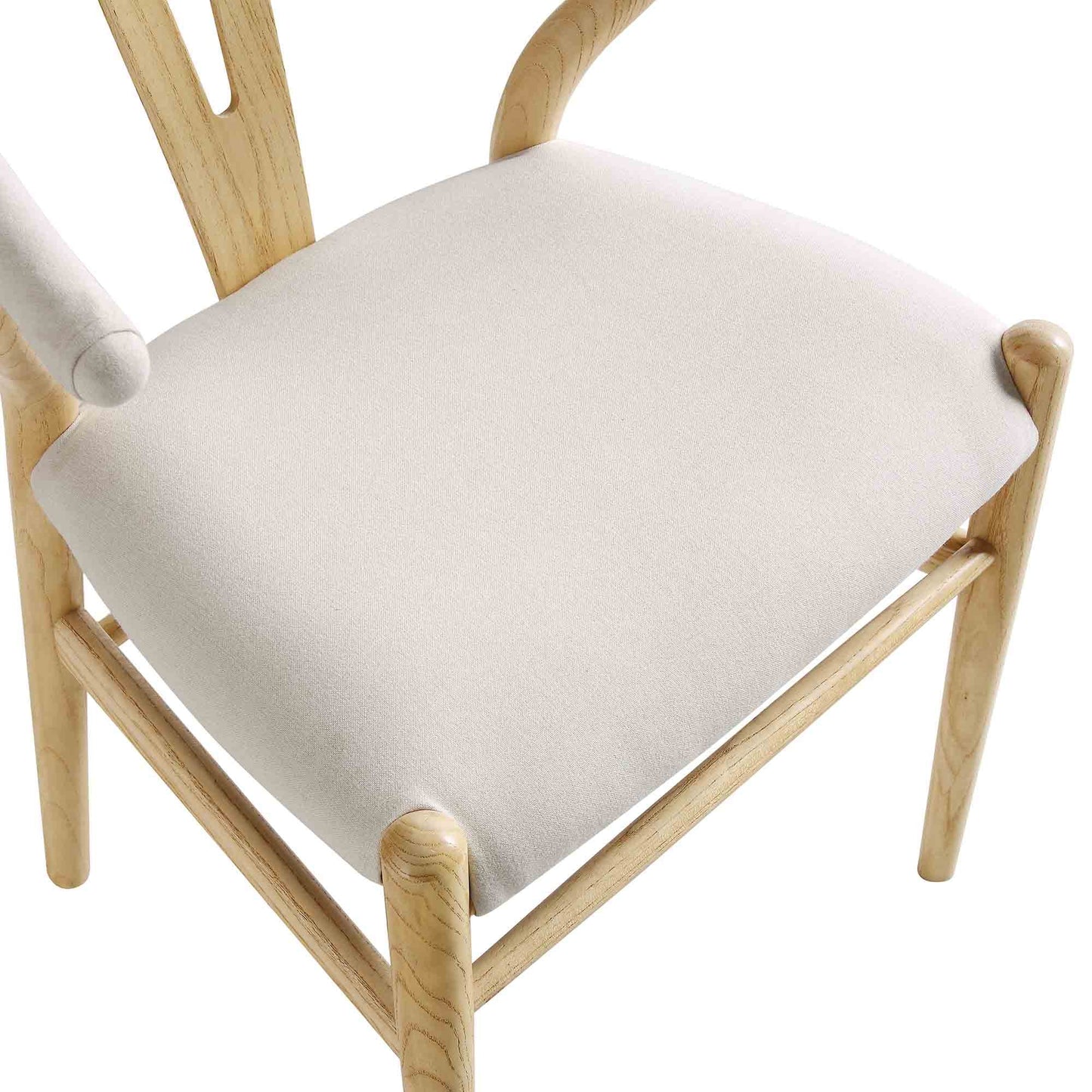 Chaise de salle à manger rembourrée Hansel Wishbone, tissu beige et cadre naturel