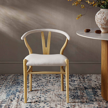 Chaise de salle à manger rembourrée Hansel Wishbone, tissu beige et cadre naturel