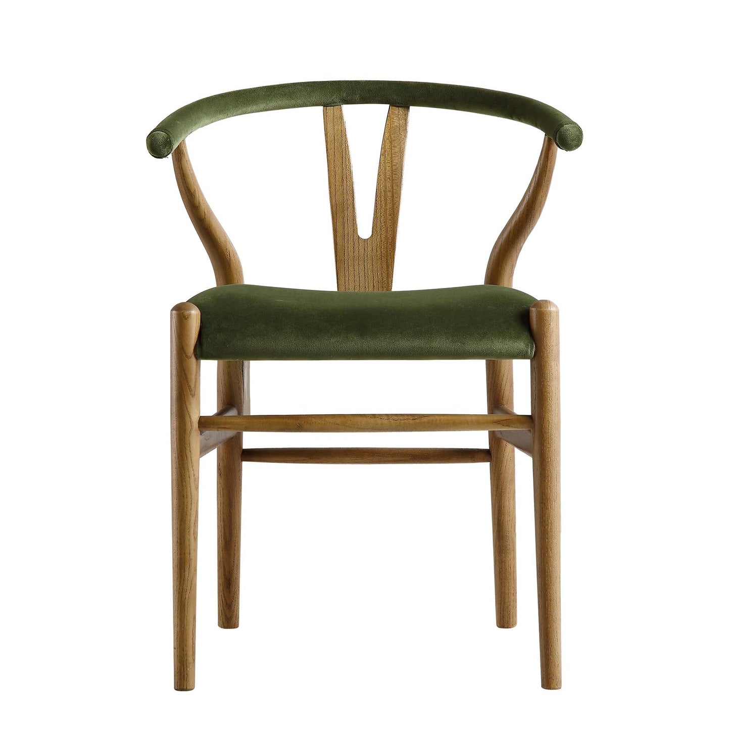 Chaise de salle à manger rembourrée Hansel Wishbone, velours vert mousse et cadre en noyer clair